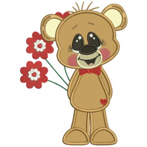 Cute Little Bear Holding Flowers Applique Machine Embroidery Design Digitized Pattern