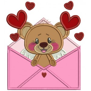 Cute Little Bear Inside Envelope With Hearts Applique Machine Embroidery Design Digitized Pattern