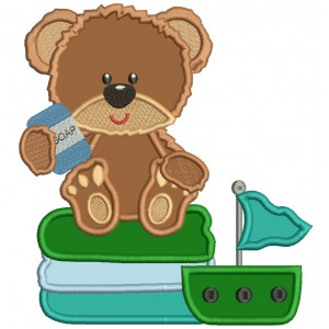 Cute Little Bear Taking a Bath Applique Machine Embroidery Design Digitized Pattern