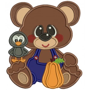 Cute Little Bear Wearing Overalls With Crow Fall Applique Machine Embroidery Design Digitized Pattern