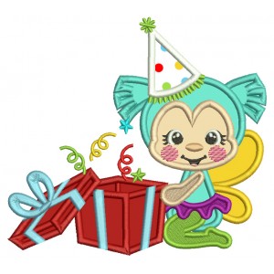 Cute Little Birthday Bug Opening Presents Applique Machine Embroidery Design Digitized Pattern