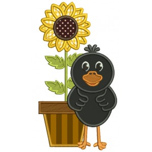 Cute Little Crow With a Sunflower Applique Machine Embroidery Design Digitized Pattern