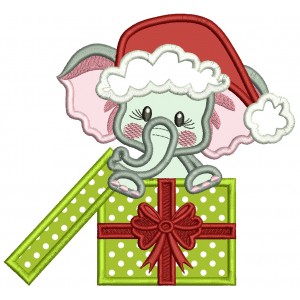Cute Little Elephant Wearing Santa's Hat Sitting Inside Gift Box Applique Machine Embroidery Design Digitized Pattern
