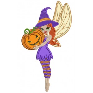 Cute Little Fairy Witch Holding Pumpkin Halloween Applique Machine Embroidery Design Digitized Pattern