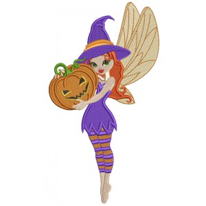 Cute Little Fairy Witch Holding Pumpkin Halloween Filled Machine Embroidery Design Digitized Pattern