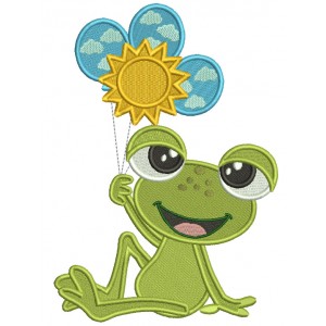 Cute Little Frog Holding Three Balloons Filled Machine Embroidery Design Digitized Pattern