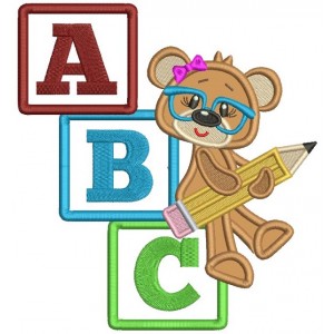 Cute Little Girl Bear Holding a Pencil School Applique Machine Embroidery Design Digitized Pattern