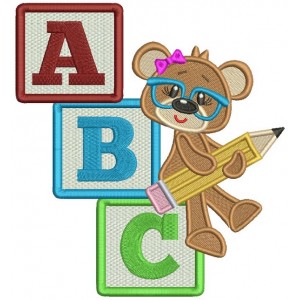 Cute Little Girl Bear Holding a Pencil School Filled Machine Embroidery Design Digitized Pattern
