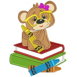 Cute Little Girl Bear Sitting On School Books Applique Machine Embroidery Design Digitized Pattern