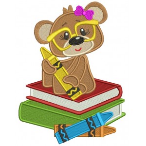 Cute Little Girl Bear Sitting On School Books Filled Machine Embroidery Design Digitized Pattern