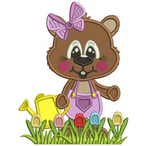 Cute Little Groundhog Gardner Wearing a Big Bow Applique Machine Embroidery Design Digitized Pattern