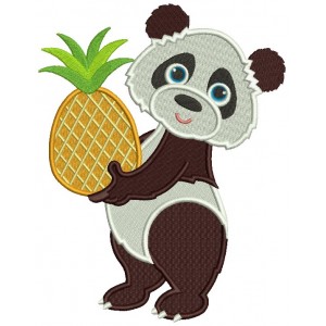 Cute Little Panda Holding a Pinaple Filled Machine Embroidery Design Digitized Pattern