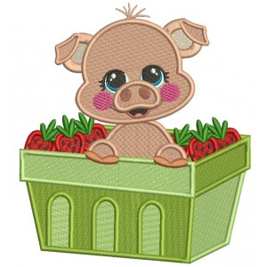 Cute Little Pig Sitting Inside a Basket Filled With Strawberries Filled Machine Embroidery Design Digitized Pattern