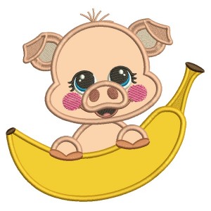 Cute Little Piggy Holding a Banana Applique Machine Embroidery Digitized Design Pattern