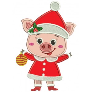 Cute Little Piggy Wearing Santa Hat And Holding Christmas Ornament Applique Machine Embroidery Design Digitized Pattern