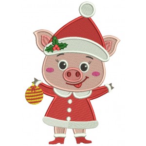 Cute Little Piggy Wearing Santa Hat And Holding Christmas Ornament Filled Machine Embroidery Design Digitized Pattern