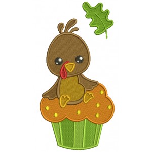 Cute Little Turkey Sitting On The Cupcake Thanksgiving Filled Machine Embroidery Design Digitized Pattern