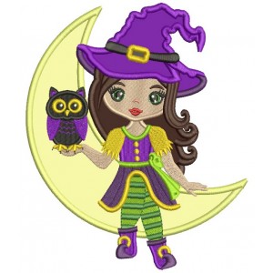 Cute Little Witch Holding Owl And Sitting On The Moon Applique Machine Embroidery Design Digitized Pattern