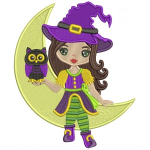 Cute Little Witch Holding Owl And Sitting On The Moon Filled Machine Embroidery Design Digitized Pattern
