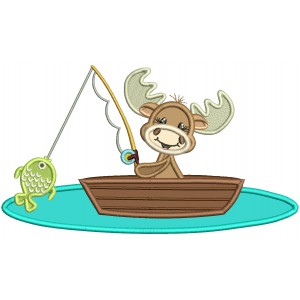 Cute Moose Fishing On The Lake Applique Machine Embroidery Design Digitized Pattern