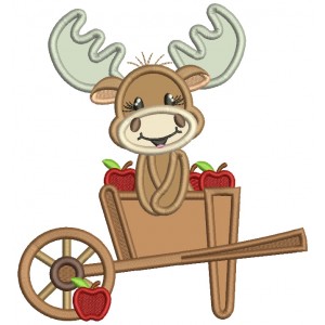 Cute Moose Sitting Inside Garden Cart Fall Applique Machine Embroidery Design Digitized Pattern