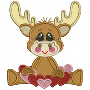 Cute Moose With Lots Of Hearts Applique Machine Embroidery Design Digitized Pattern