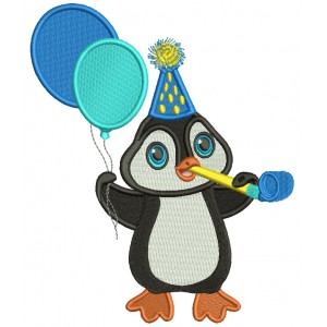 Cute Penguin Holding Birthday Balloons Filled Machine Embroidery Design Digitized Pattern