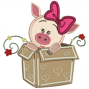 Cute Piggy Sitting In The Box Applique Machine Embroidery Design Digitized Pattern