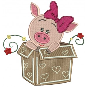 Cute Piggy Sitting In The Box Filled Machine Embroidery Design Digitized Pattern