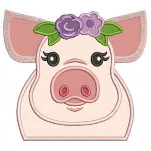 Cute Piggy With Flower Headband Applique Machine Embroidery Design Digitized Pattern