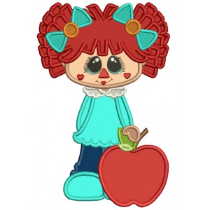 Cute Rag Doll Girl With Apple Applique Machine Embroidery Design Digitized Pattern