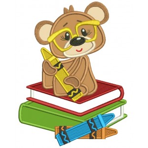 Cute School Bear Sitting On Books And Holding a Pencil Applique Machine Embroidery Design Digitized Pattern