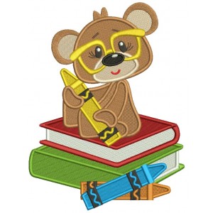 Cute School Bear Sitting On Books And Holding a Pencil Filled Machine Embroidery Design Digitized Pattern