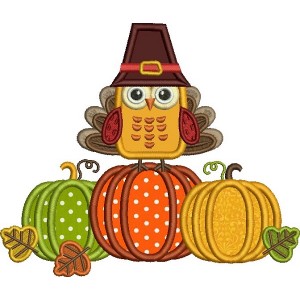 Cute Thanksgiving Turkey Wearing Big Hat And Sitting On Pumpkins Applique Machine Embroidery Design Digitized Pattern