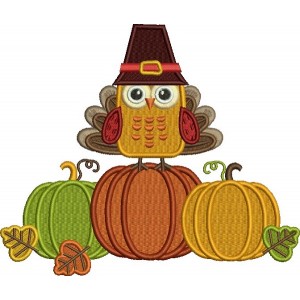 Cute Thanksgiving Turkey Wearing Big Hat And Sitting On Pumpkins Filled Machine Embroidery Design Digitized Pattern