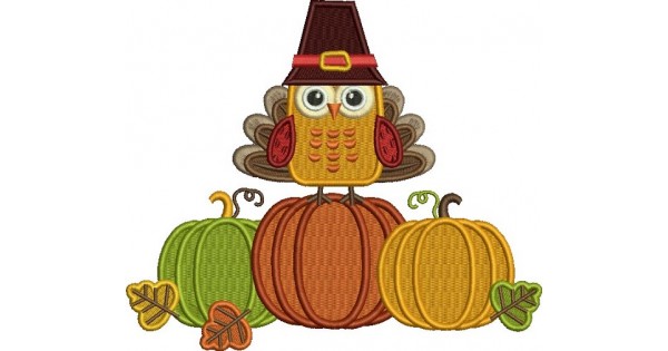Cute Thanksgiving Turkey Wearing Big Hat And Sitting On Pumpkins Filled ...