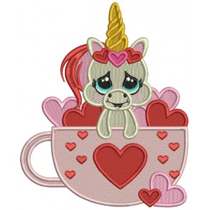 Cute Unicorn Inside a Cup With Hearts Filled Machine Embroidery Design Digitized Pattern