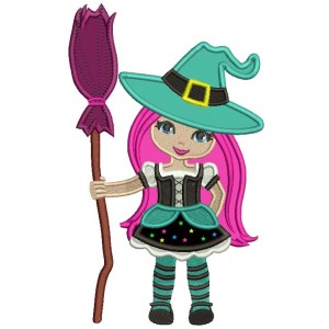 Cute Witch With Long Hair Holding a Broom Halloween Applique Machine Embroidery Design Digitized Pattern