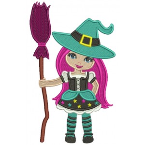 Cute Witch With Long Hair Holding a Broom Halloween Filled Machine Embroidery Design Digitized Pattern