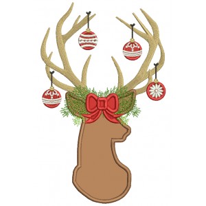 Deer Head With Antlers Full of Christmas Ornaments Applique Machine Embroidery Design Digitized Pattern