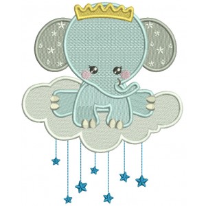 Elephant Baby Prince On The Cloud Filled Machine Embroidery Design Digitized Pattern