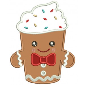 Gingerbread Man Cupcake Wearing a Big Red Bow Christmas Applique Machine Embroidery Design Digitized Pattern
