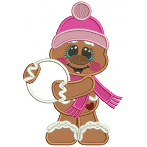 Gingerbread Man Holding a Snow Ball Christmas Applique Machine Embroidery Design Digitized Pattern