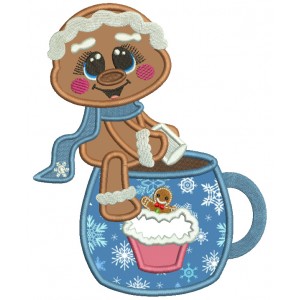 Gingerbread Man Sitting On The Cup Of Hot Cocoa Christmas Applique Machine Embroidery Design Digitized Pattern