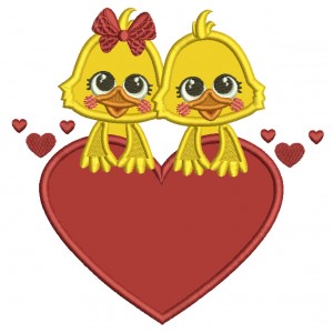 Girl And Boy Chicks Holding Big Heart Valentine's Day Applique Machine Embroidery Design Digitized Pattern