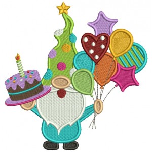 Gnome Holding Birthday Cake And Balloons Filled Machine Embroidery Design Digitized Pattern