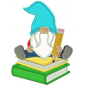 Gnome Holding Pencil Sitting On Books School Applique Machine Embroidery Design Digitized Pattern