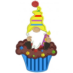 Gnome Sitting On The Cupcake Birthday Applique Machine Embroidery Design Digitized Pattern