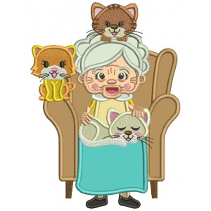 Grandma With Cats Sitting On The Armchair Applique Machine Embroidery Design Digitized Pattern