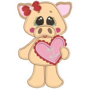 Hogs And Kisses Cute Piggy Holding a Big Heart Applique Machine Embroidery Design Digitized Pattern